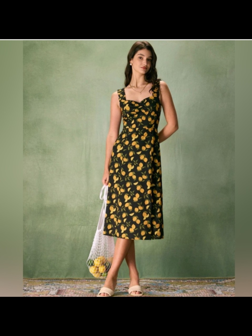 NWOT RIHOAS Black Midi Dress with Yellow Lemon Print